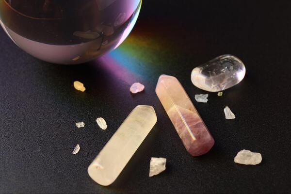 Light refracting through polished quartz stones, illustrating the energy and genuine quality of natural crystals.