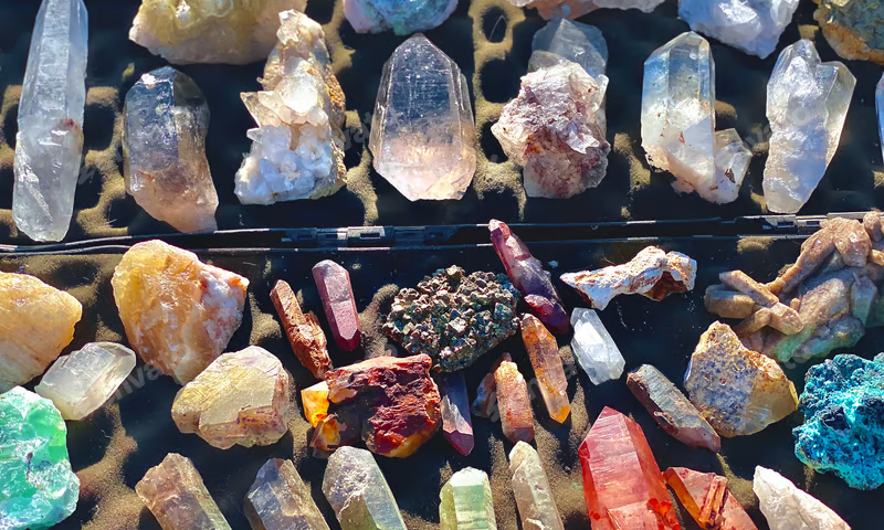 Overhead view of a wide assortment of natural rough crystals and gemstones in various colours and formations laid out on a flat surface, representing the range of stock evaluated in bulk wholesale crystal orders
