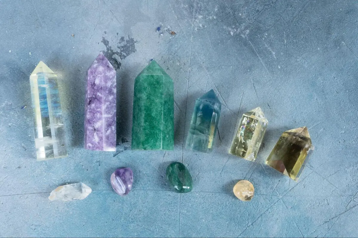 A row of natural crystal collections.