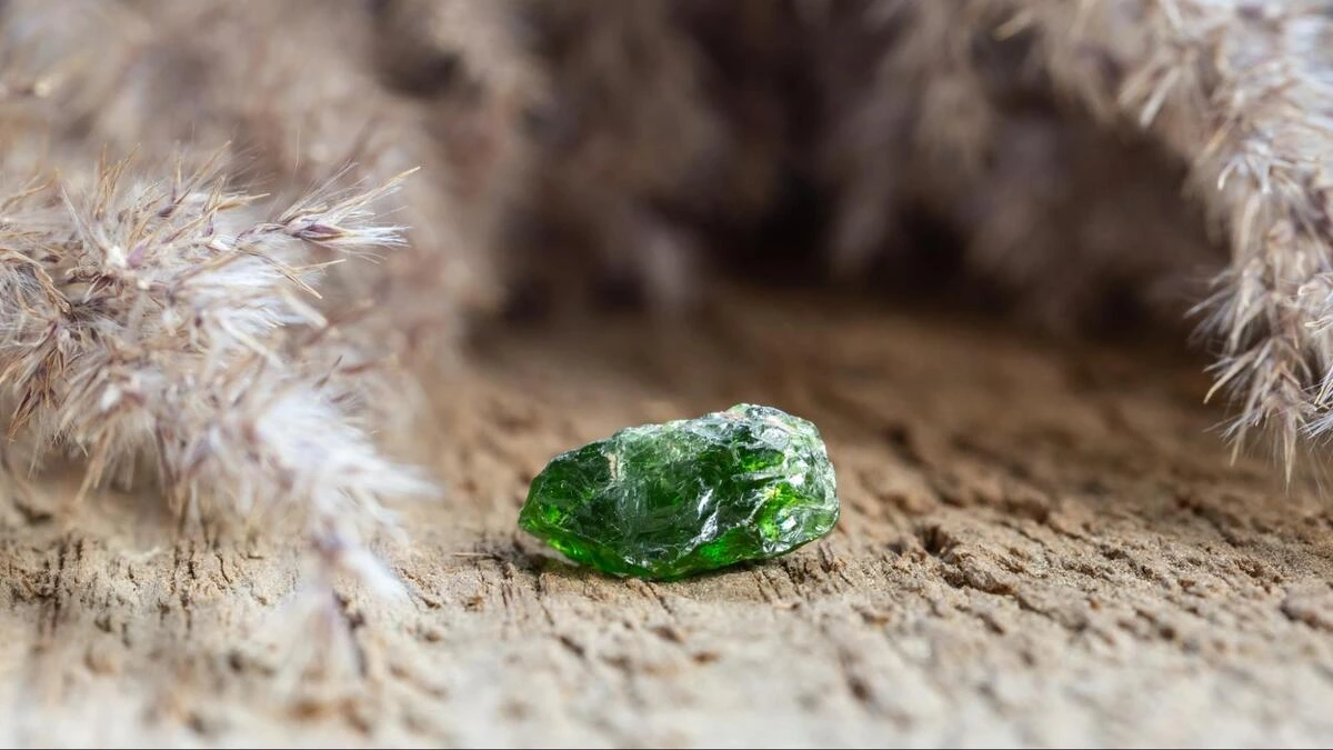 Small raw moldavite stone with rough green surface resting on sandy ground outdoors