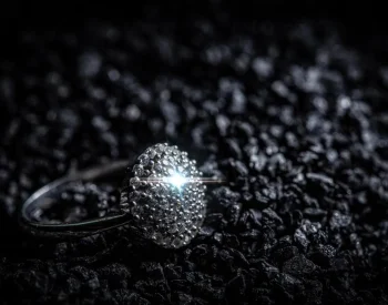 Meteorite ring resting on dark rocky material, showing metallic texture