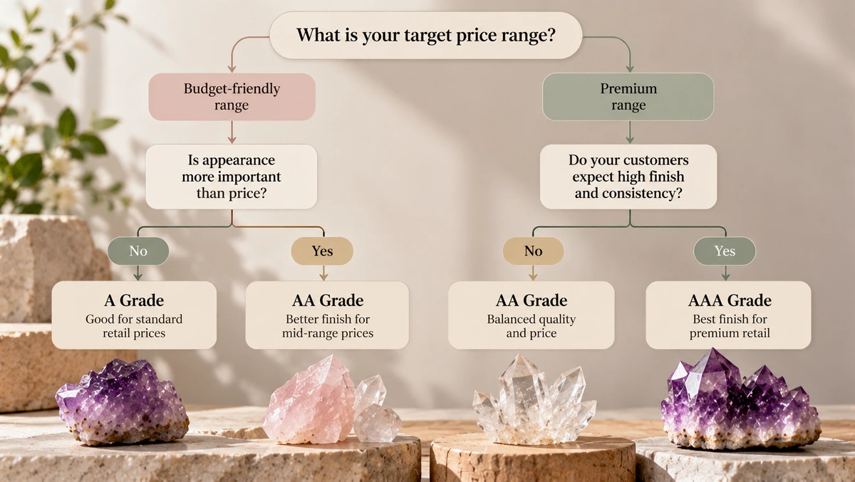 Crystal grade by retail price flowchart Flowchart asking “What is your target price range?” that branches by budget and customer expectations to A, AA or AAA grade