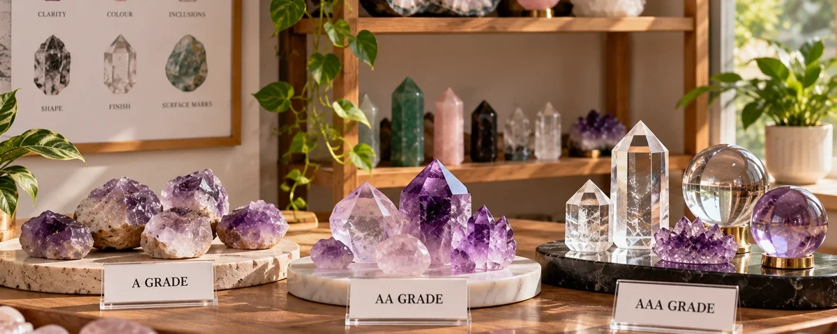 Amethyst clusters, amethyst points and clear quartz pieces labelled A Grade, AA Grade and AAA Grade