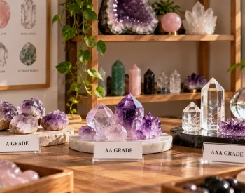 Amethyst clusters, amethyst points and clear quartz pieces labelled A Grade, AA Grade and AAA Grade