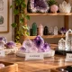 Amethyst clusters, amethyst points and clear quartz pieces labelled A Grade, AA Grade and AAA Grade