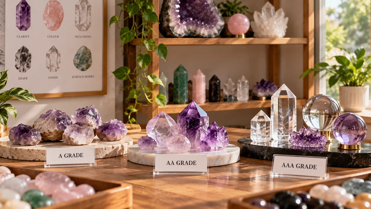Crystal grade comparison display Amethyst clusters, amethyst points and clear quartz pieces labelled A Grade, AA Grade and AAA Grade