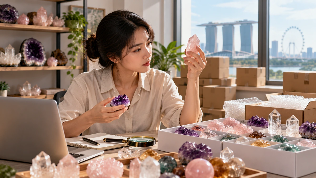 Checking wholesale crystal quality Woman at a desk holding a rose quartz point and an amethyst piece
